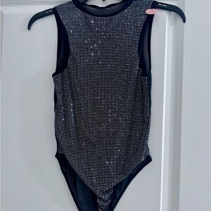 Stylish Black and Silver Women’s Rhinestone Studded Bodysuit NWT